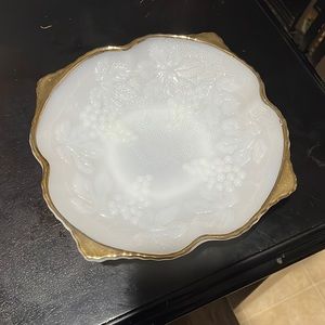 White Milk Glass Grape Vine with Gold Guild Edges Bowl Vintage Milk Glass.